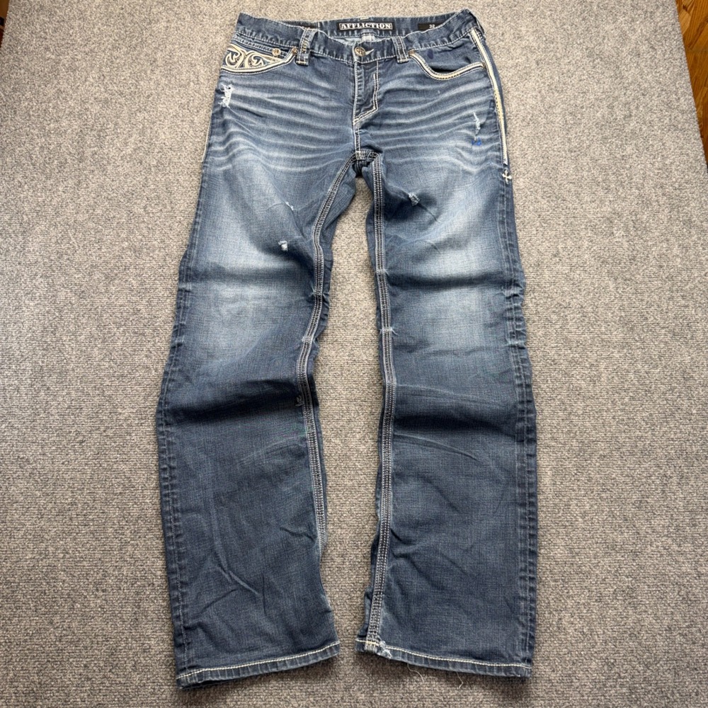 Affliction Cooper Mens Relaxed Straight Leg Jeans Embroidered Flap Pocket 32x32
